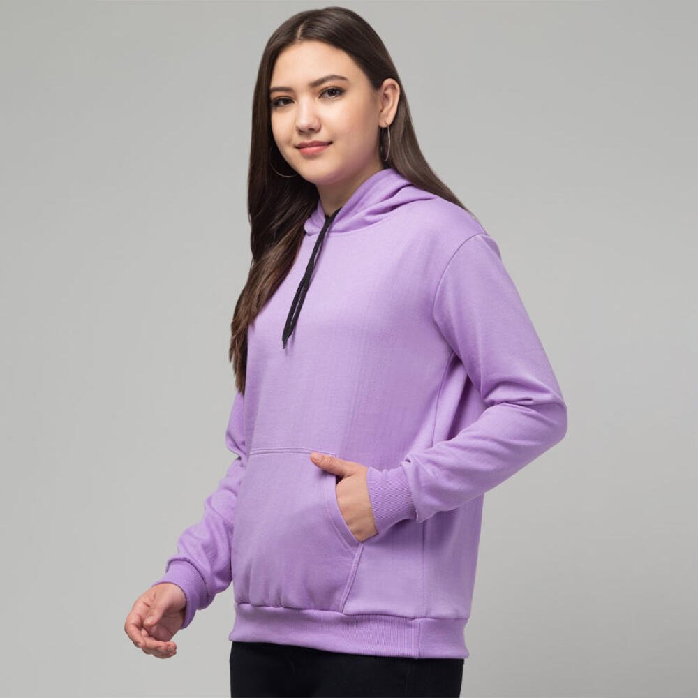 Purple Fleece Solid Full Sleeves Casual Hooded Neck Sweatshirt for Women