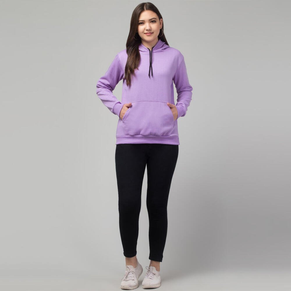 Purple Fleece Solid Full Sleeves Casual Hooded Neck Sweatshirt for Women